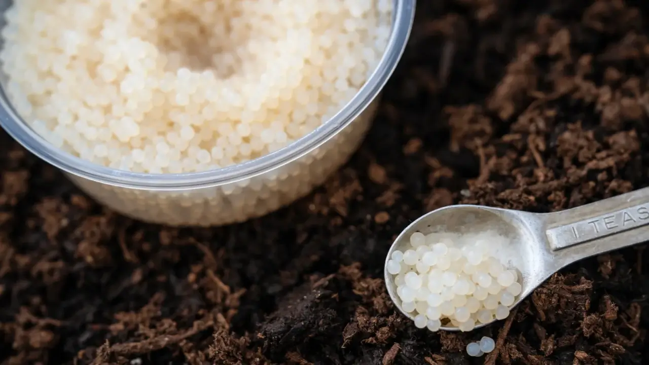There is a bowl and a spoon full of white, round gelatinous granules with encapsulated beneficial nematodes on the brown soil, close up.