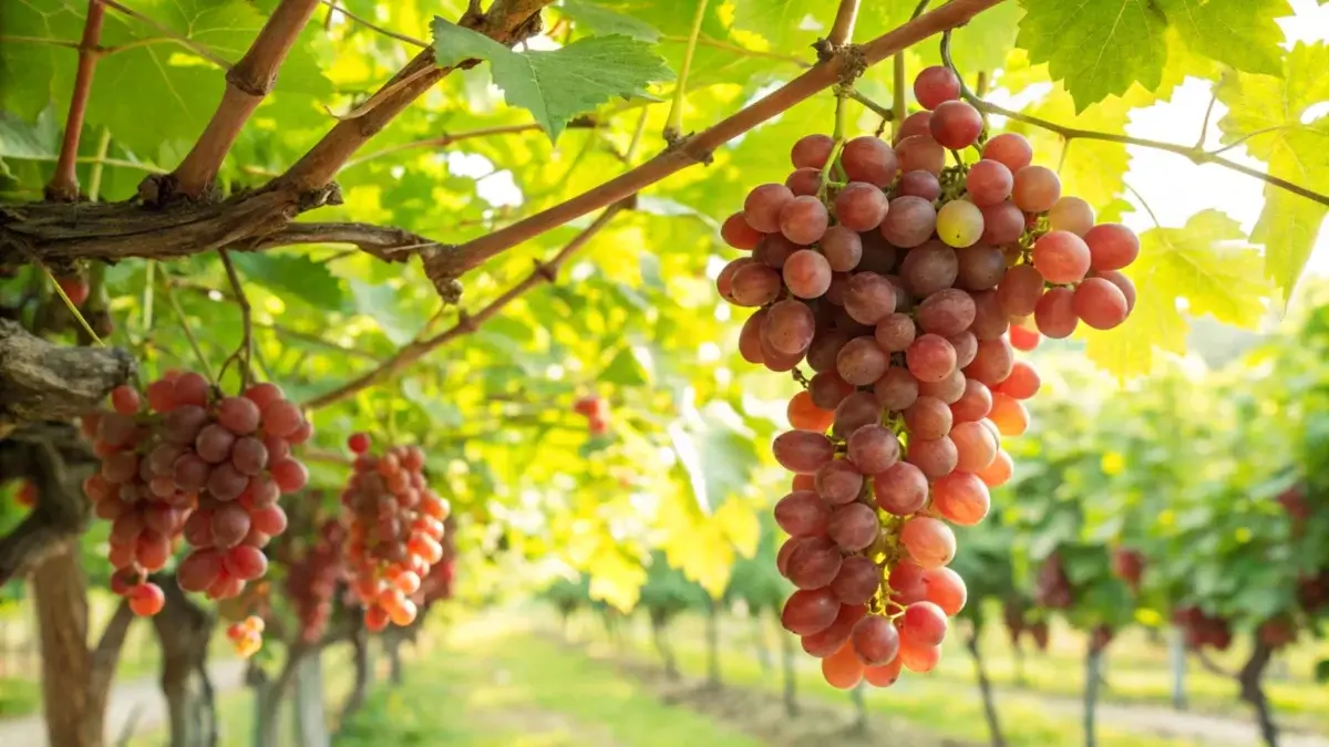 Large clusters of pink grapes hang from stems covered in bright lobed green foliage, showing off one of the best dry farming crops.
