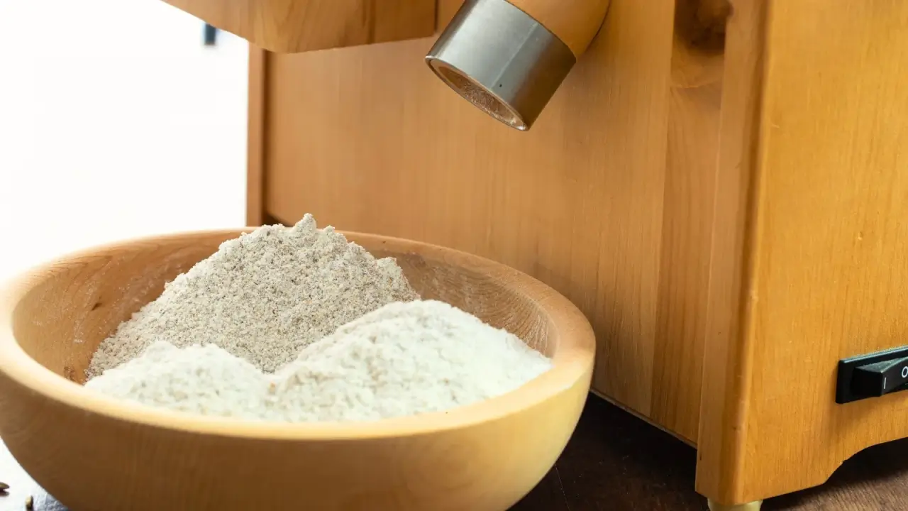 Freshly milled white flour in a wooden bowl near a small wooden grain mill, in the kitchen.