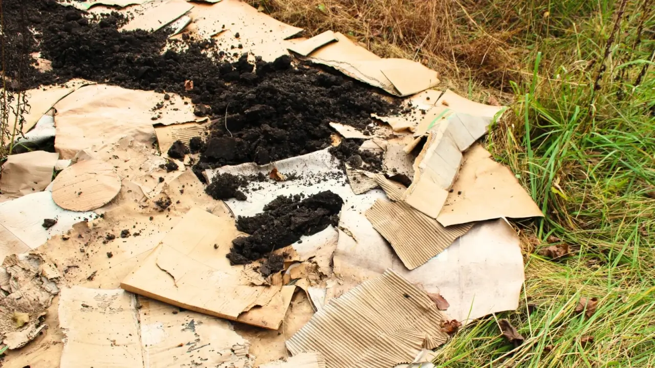 A garden bed covered with pieces of cardboard and black loose compost.