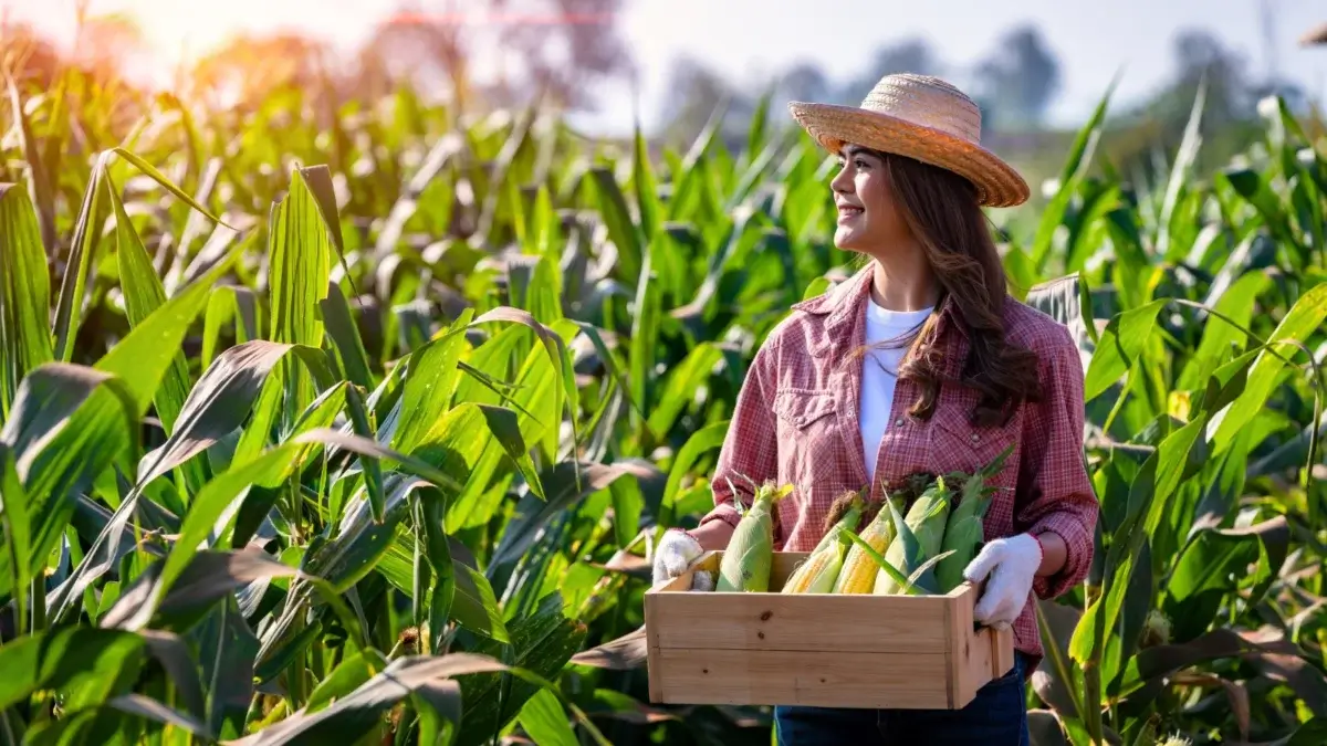 Short corn benefits. Female farmer in checkered shirt and straw hat holds a wooden box filled with freshly picked corn cobs, standing in a sunny field of short, healthy corn plants.