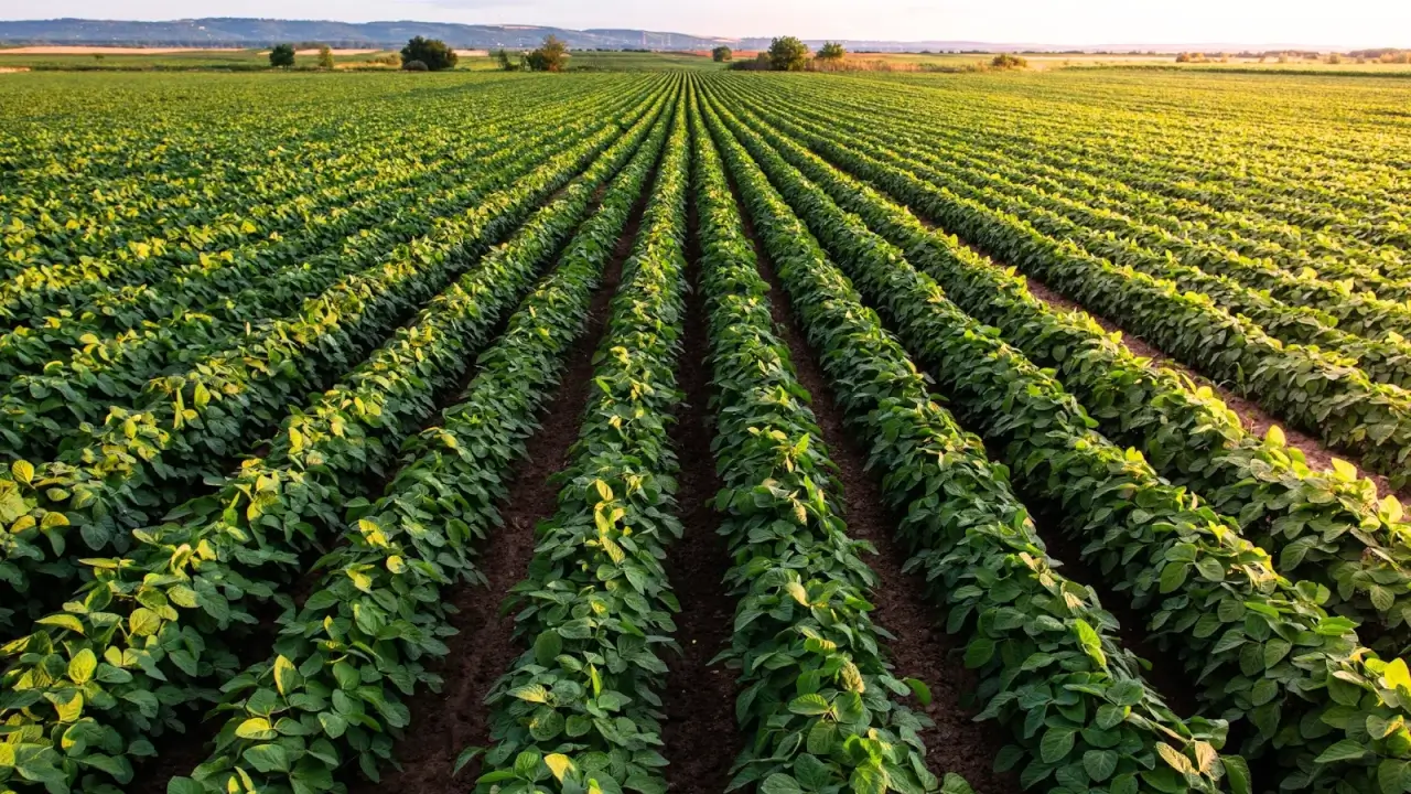 A lush green soybean field stretches into the distance, filled with dense rows of bushy plants topped with trifoliate leaves under a bright sky.