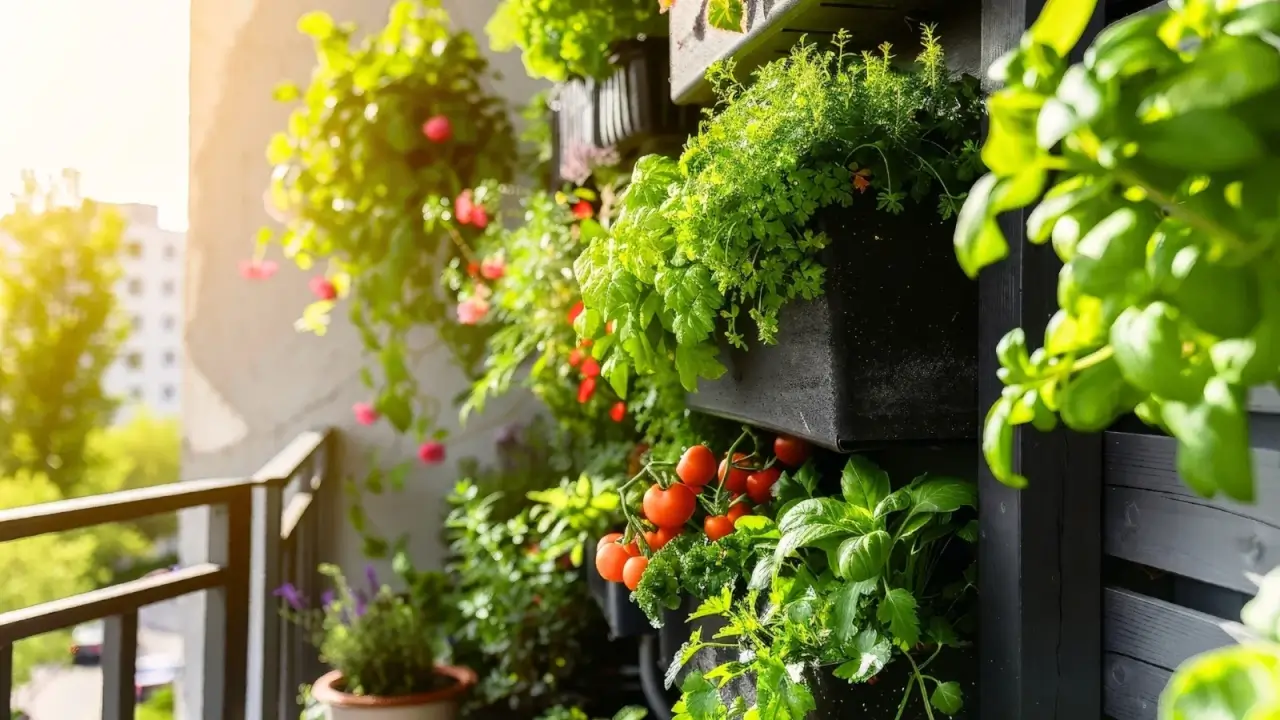 An urban vertical garden on a sunny balcony, with wall-hung planters containing a variety of fresh herbs, salads, vegetables including tomatoes and carrots, and colorful flowers.